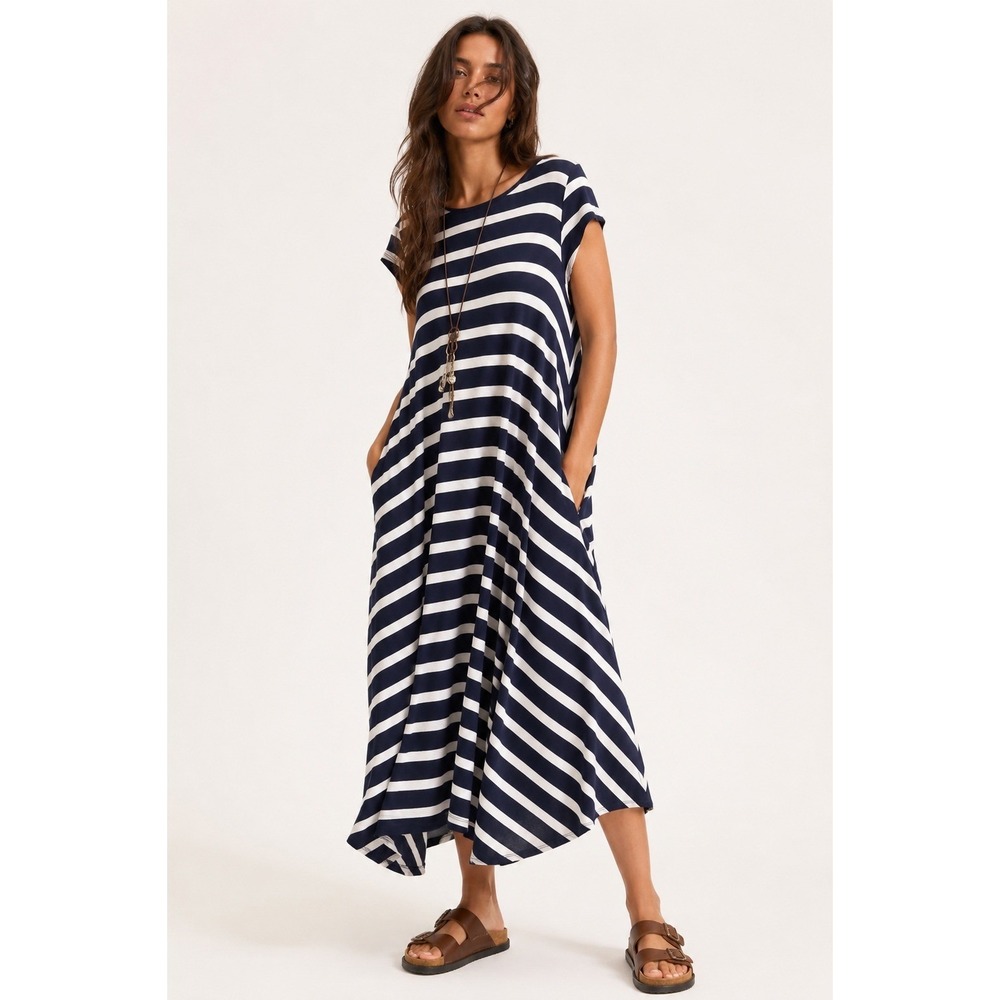 Saga Italy Maxi Dress Women L‎ Blue White Striped Nautical Sailor Lagenlook